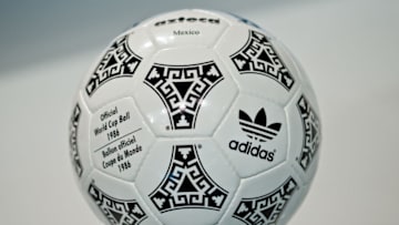 The 'Azteca Mexico' soccer ball which was the official ball of the 1986 soccer world cup in Mexico is pictured during the general meeting of sporting goods manufacturer adidas in Fuerth, Germany, 08 May 2014. Photo: DANIEL KARMANN/dpa | usage worldwide (Photo by Daniel Karmann/picture alliance via Getty Images)