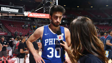 LAS VEGAS, NV - JULY 14: Furkan Korkmaz #30 of the Philadelphia 76ers speaks to the media after the game against the Milwaukee Bucks during the 2018 Las Vegas Summer League on July 14, 2018 at the Thomas & Mack Center in Las Vegas, Nevada. NOTE TO USER: User expressly acknowledges and agrees that, by downloading and/or using this photograph, user is consenting to the terms and conditions of the Getty Images License Agreement. Mandatory Copyright Notice: Copyright 2018 NBAE (Photo by Garrett Ellwood/NBAE via Getty Images)