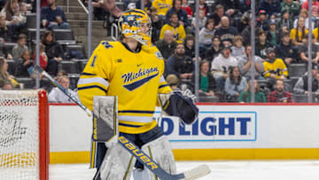 DETROIT, MI - FEBRUARY 11: Erik Portillo #1 of the Michigan Wolverines follows the play against the Michigan State Spartans during the second period of an NCAA Mens college hockey Dual in the D game at Little Caesars Arena on February 11, 2023 in Detroit, Michigan. The Wolverines defeated the Spartans 4-3 in O.T. (Photo by Dave Reginek/Getty Images)