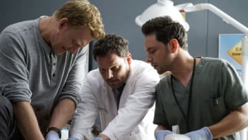GREY'S ANATOMY - "It's Raining Men" - After Meredith inadvertently stirs up negative press for Grey Sloan, she tries to make things right with her former colleagues, jeopardizing her community service hours. Station 19's Ben and Vic bring a young woman into the hospital, and Jackson stands up to Koracick when he goes too far with a patient's family. Meanwhile, Bailey receives unexpected news; and Owen finds himself at Pac-Gen North, which Alex sees as a recruiting opportunity on "Grey's Anatomy," THURSDAY, OCT. 17 (8:00-9:01 p.m. EDT), on ABC. (ABC/Kelsey McNeal)KEVIN MCKIDD, JUSTIN CHAMBERS, ANDY COHEN
