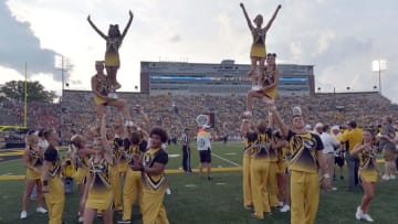 Sep 5, 2015; Columbia, MO, USA; Missouri Tigers cheerleader entertain the fans during the second half against the Southeast Missouri State Redhawks at Faurot Field. Missouri won 34-3. Mandatory Credit: Denny Medley-USA TODAY Sports
