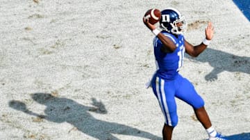 DURHAM, NC - SEPTEMBER 22: Quarterback Quentin Harris #18 of the Duke Blue Devils attempts a pass against the North Carolina Central Eagles during the football game at Wallace Wade Stadium on September 22, 2018 in Durham, North Carolina. (Photo by Mike Comer/Getty Images)