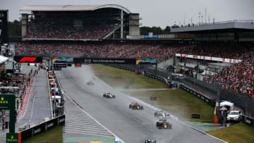 HOCKENHEIM, GERMANY - JULY 28: Lewis Hamilton of Great Britain driving the (44) Mercedes AMG Petronas F1 Team Mercedes W10 leads the field at the start during the F1 Grand Prix of Germany at Hockenheimring on July 28, 2019 in Hockenheim, Germany. (Photo by Charles Coates/Getty Images)