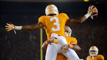 Sep 10, 2016; Bristol, TN, USA; Tennessee Volunteers wide receiver Josh Malone (3) celebrates with Tennessee Volunteers wide receiver Jauan Jennings (15) after catching a pass for a touchdown against the Virginia Tech Hokies during the second quarter at Bristol Motor Speedway. Mandatory Credit: Randy Sartin-USA TODAY Sports