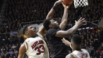 Feb 27, 2016; West Lafayette, IN, USA; Maryland Terrapins center Diamond Stone (33) blocks the shot of Purdue Boilermakers forward Caleb Swanigan (50) in the first half at Mackey Arena. Mandatory Credit: Sandra Dukes-USA TODAY Sports