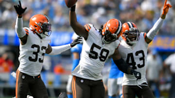 INGLEWOOD, CALIFORNIA - OCTOBER 10: Malik McDowell #58 of the Cleveland Browns celebrates after a fumble recovery during the first half against the Los Angeles Chargers at SoFi Stadium on October 10, 2021 in Inglewood, California. (Photo by John McCoy/Getty Images)