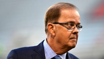 CLEMSON, SOUTH CAROLINA - NOVEMBER 17: Head coach David Cutcliffe of the Duke Blue Devils looks on as his team warms up for their football game against the Clemson Tigers at Clemson Memorial Stadium on November 17, 2018 in Clemson, South Carolina. (Photo by Mike Comer/Getty Images)