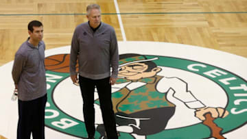 WALTHAM, MA - APRIL 23: Boston Celtics head coach Brad Stevens, left, and Celtics general manager Danny Ainge watch as Jaylen Brown shoots during Boston Celtics practice in Waltham, MA on April 23, 2018. (Photo by Jessica Rinaldi/The Boston Globe via Getty Images)
