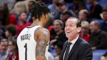 Oct 26, 2018; New Orleans, LA, USA; Brooklyn Nets head coach Ken Atkinson talks to guard D'Angelo Russell (1) during a time out against New Orleans Pelicans in the first half at Smoothie King Center. Mandatory Credit: Stephen Lew-USA TODAY Sports