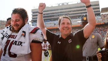 KNOXVILLE, TN - OCTOBER 14: Head coach Will Muschamp of the South Carolina Gamecocks celebrates after the game against the Tennessee Volunteers at Neyland Stadium on October 14, 2017 in Knoxville, Tennessee. South Carolina defeated Tennessee 15-9. (Photo by Michael Reaves/Getty Images)