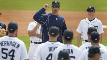 Feb 23, 2016; Lakeland, FL, USA; Detroit Tigers manager Brad Ausmus (7) talks to his players during the Detroit Tigers spring training camp at Joker Merchant Stadium. Mandatory Credit: Reinhold Matay-USA TODAY Sports