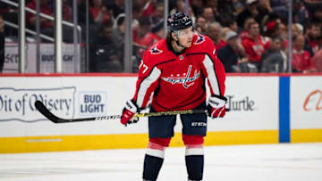 WASHINGTON, DC - OCTOBER 16: T.J. Oshie #77 of the Washington Capitals looks on against the Toronto Maple Leafs during the third period at Capital One Arena on October 16, 2019 in Washington, DC. (Photo by Scott Taetsch/Getty Images)