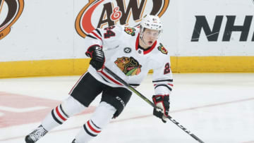 ANAHEIM, CA - FEBRUARY 27: Dominik Kahun #24 of the Chicago Blackhawks skates with the puck during the second period of the game against the Anaheim Ducks at Honda Center on February 27, 2019 in Anaheim, California. (Photo by Debora Robinson/NHLI via Getty Images)