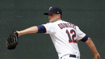 FORT MYERS, FLORIDA - FEBRUARY 26: Jake Odorizzi #12 of the Minnesota Twins warms up prior to the game against the Philadelphia Phillies at Hammond Stadium on February 26, 2020 in Fort Myers, Florida. (Photo by Michael Reaves/Getty Images)