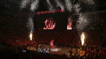 May 25, 2015; Houston, TX, USA; General view of the court during player introductions before the game between the Houston Rockets and Golden State Warriors in game four of the Western Conference Finals of the NBA Playoffs. at Toyota Center. Mandatory Credit: Troy Taormina-USA TODAY Sports