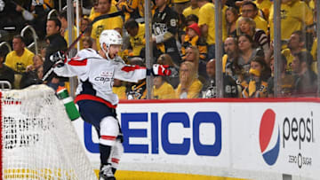 PITTSBURGH, PA - MAY 07: Evgeny Kuznetsov #92 of the Washington Capitals celebrates his overtime goal against the Pittsburgh Penguins in Game Six of the Eastern Conference Second Round during the 2018 NHL Stanley Cup Playoffs at PPG Paints Arena on May 7, 2018 in Pittsburgh, Pennsylvania. (Photo by Joe Sargent/NHLI via Getty Images)