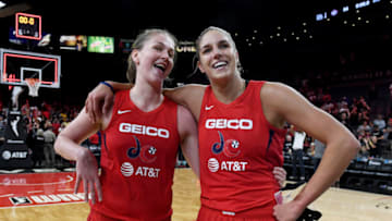 LAS VEGAS, NEVADA - SEPTEMBER 24: Emma Meesseman (L) #33 and Elena Delle Donne #11 of the Washington Mystics celebrate on the court after their 94-90 victory over the Las Vegas Aces in Game Four of the 2019 WNBA Playoff semifinals at the Mandalay Bay Events Center on September 24, 2019 in Las Vegas, Nevada. The Mystics won the series 3-1. NOTE TO USER: User expressly acknowledges and agrees that, by downloading and or using this photograph, User is consenting to the terms and conditions of the Getty Images License Agreement. (Photo by Ethan Miller/Getty Images)