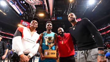 Russell Westbrook, Hamidou Diallo, Raymond Felton, Paul George, OKC Thunder. 2019 AT&;T Slam Dunk Contest as part of the State Farm All-Star Saturday Night (Photo by Andrew D. Bernstein/NBAE via Getty Images)