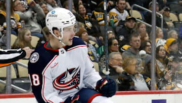 Mar 7, 2023; Pittsburgh, Pennsylvania, USA; Columbus Blue Jackets center Lane Pederson (18) reacts after scoring a goal against the Pittsburgh Penguins during the first period at PPG Paints Arena. Mandatory Credit: Charles LeClaire-USA TODAY Sports