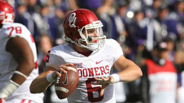 Oct 17, 2015; Manhattan, KS, USA; Oklahoma Sooners quarterback Baker Mayfield (6)] drops back to pass during a 55-0 win against the Kansas State Wildcats at Bill Snyder Family Football Stadium. Mandatory Credit: Scott Sewell-USA TODAY Sports