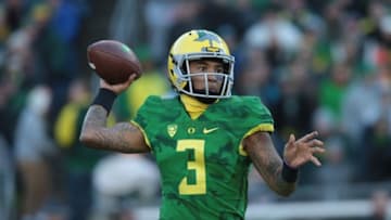 Nov 27, 2015; Eugene, OR, USA; Oregon Ducks quarterback Vernon Adams Jr. (3) throws the ball in the second quarter against the Oregon State Beavers at Autzen Stadium. Mandatory Credit: Scott Olmos-USA TODAY Sports