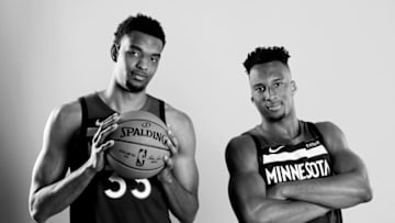 TARRYTOWN, NY - AUGUST 12: Kieta Bates-Diop and Josh Okogie of the Minnesota Timberwolves poses for a portrait during the 2018 NBA Rookie Photo Shoot. (Photo by Elsa/Getty Images)