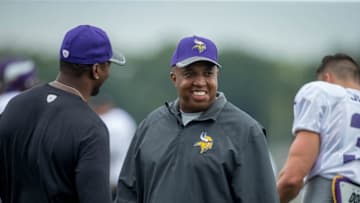 Aug 1, 2016; Mankato, MN, USA; Minnesota Vikings defensive coordinator George Edwards talks with players during drills at training camp at Minnesota State University. Mandatory Credit: Bruce Kluckhohn-USA TODAY Sports