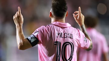 FORT LAUDERDALE, FLORIDA - AUGUST 11: Lionel Messi #10 of Inter Miami CF celebrates after scoring a goal in the second half during the Leagues Cup 2023 quarterfinals match between Charlotte FC and Inter Miami CF at DRV PNK Stadium on August 11, 2023 in Fort Lauderdale, Florida. (Photo by Hector Vivas/Getty Images)