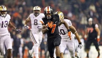 Nov 23, 2013; Corvallis, OR, USA; Oregon State Beavers wide receiver Brandin Cooks (7) scores a touchdown against the Washington Huskies in the second half at Reser Stadium. Mandatory Credit: Jaime Valdez-USA TODAY Sports