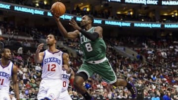 Feb 5, 2014; Philadelphia, PA, USA; Boston Celtics forward Jeff Green (8) shoots during the third quarter against the Philadelphia 76ers at the Wells Fargo Center. The Celtics defeated the Sixers 114-108. Mandatory Credit: Howard Smith-USA TODAY Sports