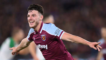 LONDON, ENGLAND - SEPTEMBER 30: Declan Rice of West Ham United celebrates after scoring their sides first goal during the UEFA Europa League group H match between West Ham United and Rapid Wien at Olympic Stadium on September 30, 2021 in London, England. (Photo by Justin Setterfield/Getty Images)