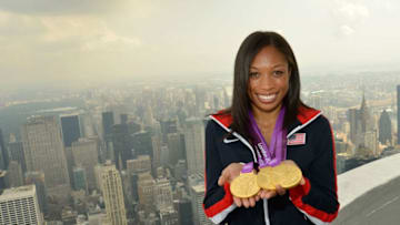 NEW YORK, NY - AUGUST 15: Olympic Gold Medalist Allyson Felix visits the The Empire State Building on August 15, 2012 in New York City. (Photo by Ben Gabbe/Getty Images)