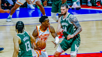 ABU DHABI, UNITED ARAB EMIRATES - OCTOBER 08: Onyeka Okongwu (17) of Atlanta Hawks in action against Sandro Mamukelashvili (54) of Milwaukee Bucks in action during a friendly match between Atlanta Hawks and Milwaukee Bucks at Etihad Arena within the preparations for NBA's 2022-2023 season in Abu Dhabi, United Arab Emirates on October 08, 2022. (Photo by Waleed Zein/Anadolu Agency via Getty Images)