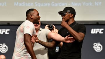 LOS ANGELES, CA - AUGUST 03: (L-R) Opponents Derek Brunson and Israel Adesanya face off during the UFC press conference inside the Orpheum Theater on August 3, 2018 in Los Angeles, California. (Photo by Jeff Bottari/Zuffa LLC/Zuffa LLC via Getty Images)
