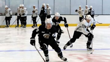 BOSTON, CA - JUNE 29: h75 and Boston Bruins defenseman Jeremy Lauzon (87) and Boston Bruins forward Jack Studnicka (53) during the Boston Bruins Development Camp on June 29, 2018, at Warrior Ice Arena in Boston, Massachusetts. (Photo by Fred Kfoury III/Icon Sportswire via Getty Images)