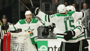 LOS ANGELES, CALIFORNIA - FEBRUARY 28: Blake Comeau #15 and Mattias Janmark #13 of the Dallas Stars celebrate a goal against the Los Angeles Kings by Radek Faksa #12 during the third period at Staples Center on February 28, 2019 in Los Angeles, California. (Photo by Yong Teck Lim/Getty Images)