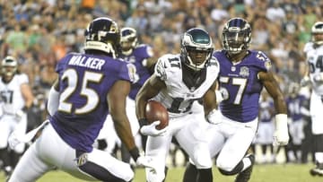 Aug 22, 2015; Philadelphia, PA, USA; Philadelphia Eagles wide receiver Nelson Agholor (17) makes a move against Baltimore Ravens cornerback Tray Walker (25) during the first half at Lincoln Financial Field. Mandatory Credit: Eric Hartline-USA TODAY Sports