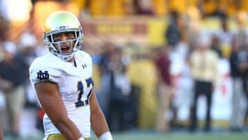 Nov 8, 2014; Tempe, AZ, USA; Notre Dame Fighting Irish linebacker James Onwualu (17) against the Arizona State Sun Devils at Sun Devil Stadium. Arizona State defeated Notre Dame 55-31. Mandatory Credit: Mark J. Rebilas-USA TODAY Sports