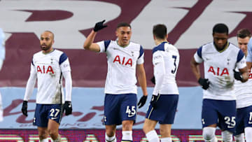 BIRMINGHAM, ENGLAND - MARCH 21: Carlos Vinicius of Tottenham Hotspur celebrates scoring his teams first goal during the Premier League match between Aston Villa and Tottenham Hotspur at Villa Park on March 21, 2021 in Birmingham, England. Sporting stadiums around England remain under strict restrictions due to the Coronavirus Pandemic as Government social distancing laws prohibit fans inside venues resulting in games being played behind closed doors. (Photo by Alex Livesey - Danehouse/Getty Images)