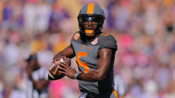 BATON ROUGE, LOUISIANA - OCTOBER 08: Hendon Hooker #5 of the Tennessee Volunteers warms up before a game against the LSU Tigers at Tiger Stadium on October 08, 2022 in Baton Rouge, Louisiana. (Photo by Jonathan Bachman/Getty Images)