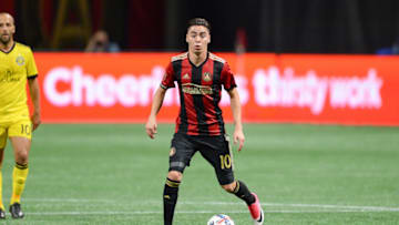 ATLANTA, GA OCTOBER 26: Atlantas Miguel Almiron (10) looks to pass the ball during the playoff match between Atlanta United and Columbus Crew on October 26, 2017 at Mercedes-Benz Stadium in Atlanta, GA. Columbus Crew SC defeated Atlanta United FC 3 1 on penalty kicks following a scoreless draw between the two clubs. (Photo by Rich von Biberstein/Icon Sportswire via Getty Images)