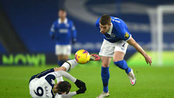BRIGHTON, ENGLAND - JANUARY 31: Adam Webster of Brighton & Hove Albion battles for possession with Gareth Bale of Tottenham Hotspur during the Premier League match between Brighton & Hove Albion and Tottenham Hotspur at American Express Community Stadium on January 31, 2021 in Brighton, England. (Photo by Mike Hewitt/Getty Images)