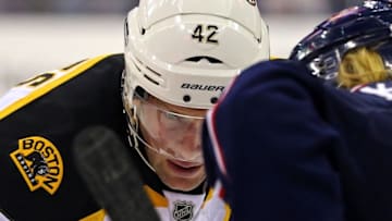 Oct 13, 2016; Columbus, OH, USA; Boston Bruins center David Backes (42) awaits the face-off against the Columbus Blue Jackets in the first period at Nationwide Arena. Mandatory Credit: Aaron Doster-USA TODAY Sports