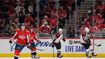 WASHINGTON, DC - OCTOBER 14: Nazem Kadri #91 of the Colorado Avalanche celebrates after scoring a goal in the first period against the Washington Capitals at Capital One Arena on October 14, 2019 in Washington, DC. (Photo by Patrick McDermott/NHLI via Getty Images)