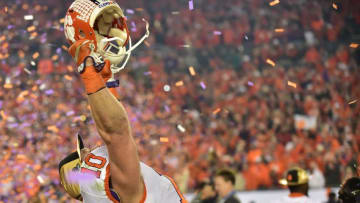 Jan 9, 2017; Tampa, FL, USA; Clemson Tigers linebacker Ben Boulware (10) celebrates defeating Alabama Crimson Tide in the 2017 College Football Playoff National Championship Game at Raymond James Stadium. Mandatory Credit: Steve Mitchell-USA TODAY Sports