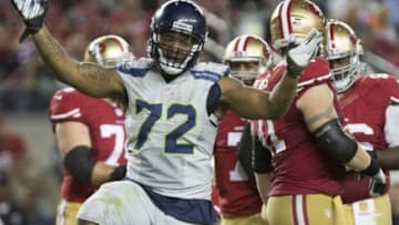 Oct 22, 2015; Santa Clara, CA, USA; Seattle Seahawks defensive end Michael Bennett (72) celebrates after a sack against the San Francisco 49ers during the fourth quarter at Levi