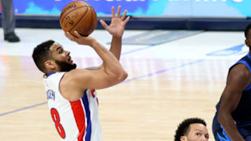 Detroit Pistons guard Cory Joseph (18) shoots over Dallas Mavericks guard Jalen Brunson (13) . Mandatory Credit: Kevin Jairaj-USA TODAY Sports