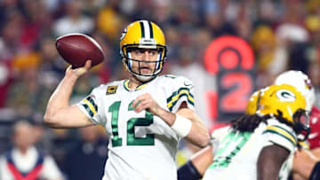 Jan 16, 2016; Glendale, AZ, USA; Green Bay Packers quarterback Aaron Rodgers (12) throws a pass against the Arizona Cardinals in the first quarter of a NFC Divisional round playoff game at University of Phoenix Stadium. Mandatory Credit: Mark J. Rebilas-USA TODAY Sports