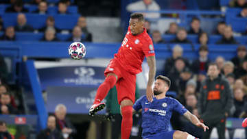 LONDON, ENGLAND - FEBRUARY 25: Jerome Boateng of Bayern Munich and Olivier Giroud of Chelsea during the UEFA Champions League round of 16 first leg match between Chelsea FC and FC Bayern Muenchen at Stamford Bridge on February 25, 2020 in London, United Kingdom. (Photo by Robin Jones/Getty Images)
