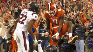 Nov 26, 2016; Clemson, SC, USA; Clemson Tigers wide receiver Mike Williams (7) celebrates after catching a pass for a touchdown while being defended by South Carolina Gamecocks defensive back Jamarcus King (7) during the first quarter at Clemson Memorial Stadium. Mandatory Credit: Joshua S. Kelly-USA TODAY Sports
